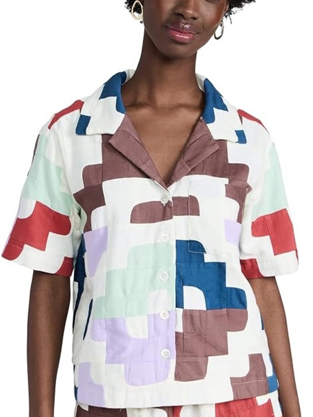 SEA NEW YORK - CARI SHORT SLEEVE PATCHWORK BUTTON DOWN XL
